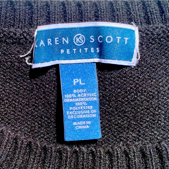 Christmas Tree Sweater L Karen Scott Petite Black Green Rhinestone Top Pullover - Picture 6 of 14